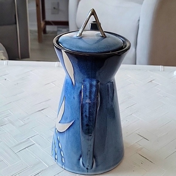 Sheesh Design Tall Coffee Tea Pot Ceramic 10" Tall Blue White Black - Picture 4 of 10